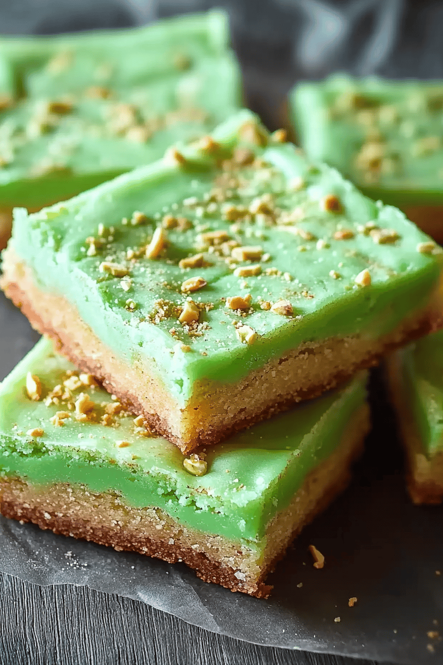 7-Layer Pistachio Cookie Bars slice on plate showing perfect texture and swirl pattern