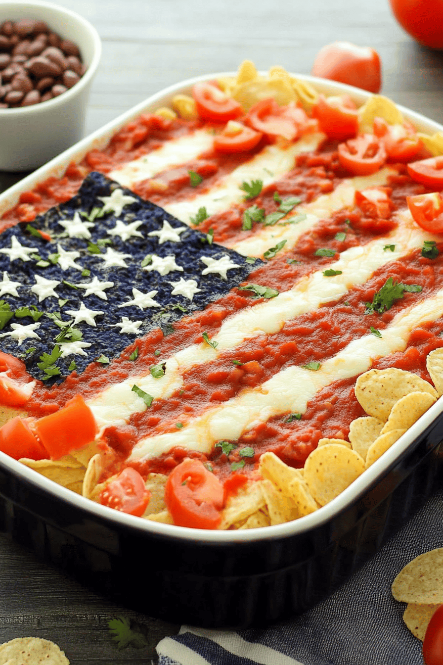 American Flag Taco Dip final dish beautifully presented and ready to serve