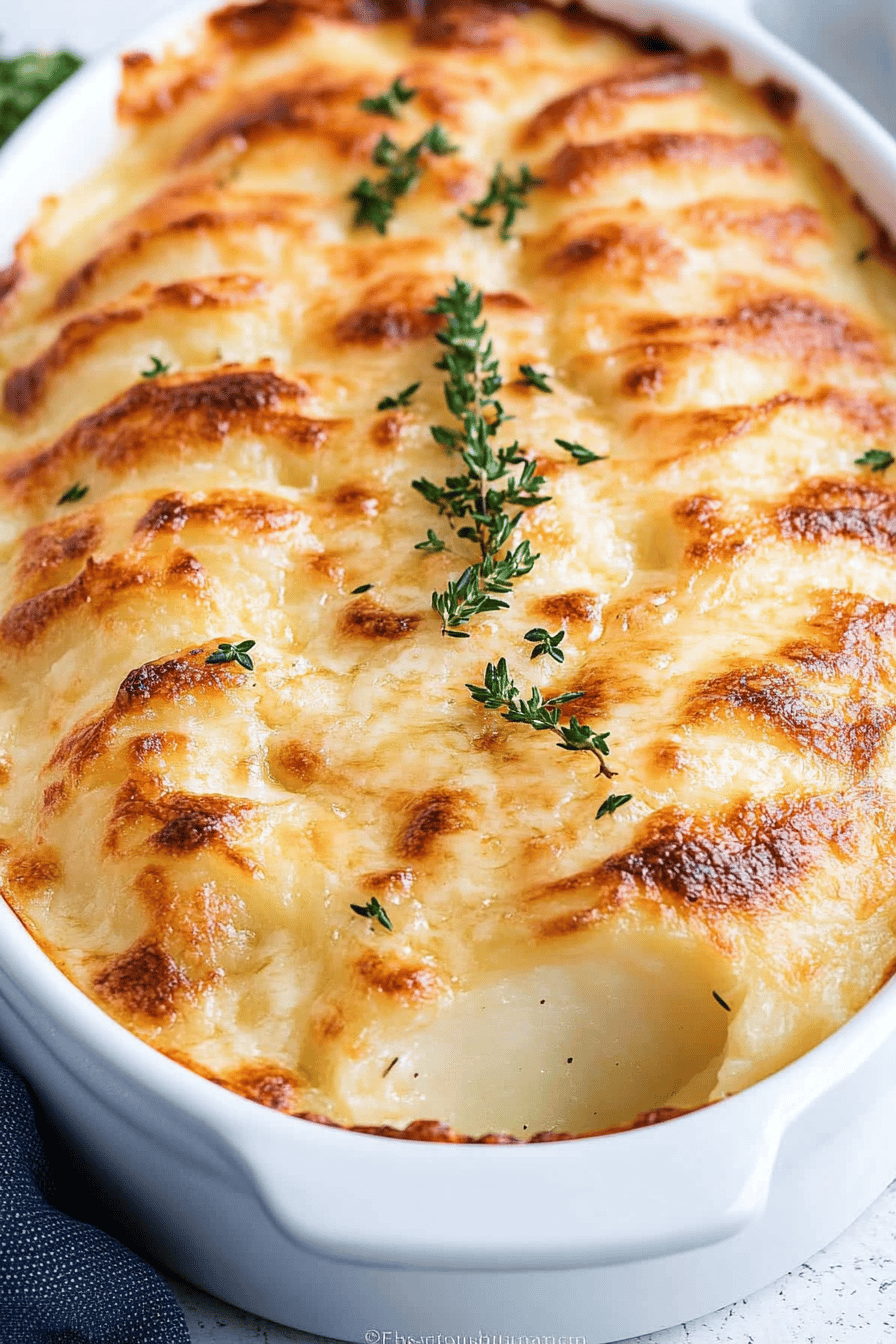 Au Gratin Potatoes slice on plate showing perfect texture and swirl pattern