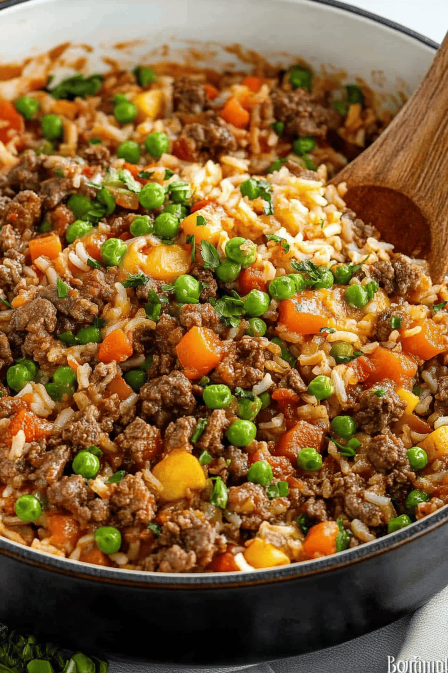 Beef and Rice Recipe ingredients organized and measured on kitchen counter