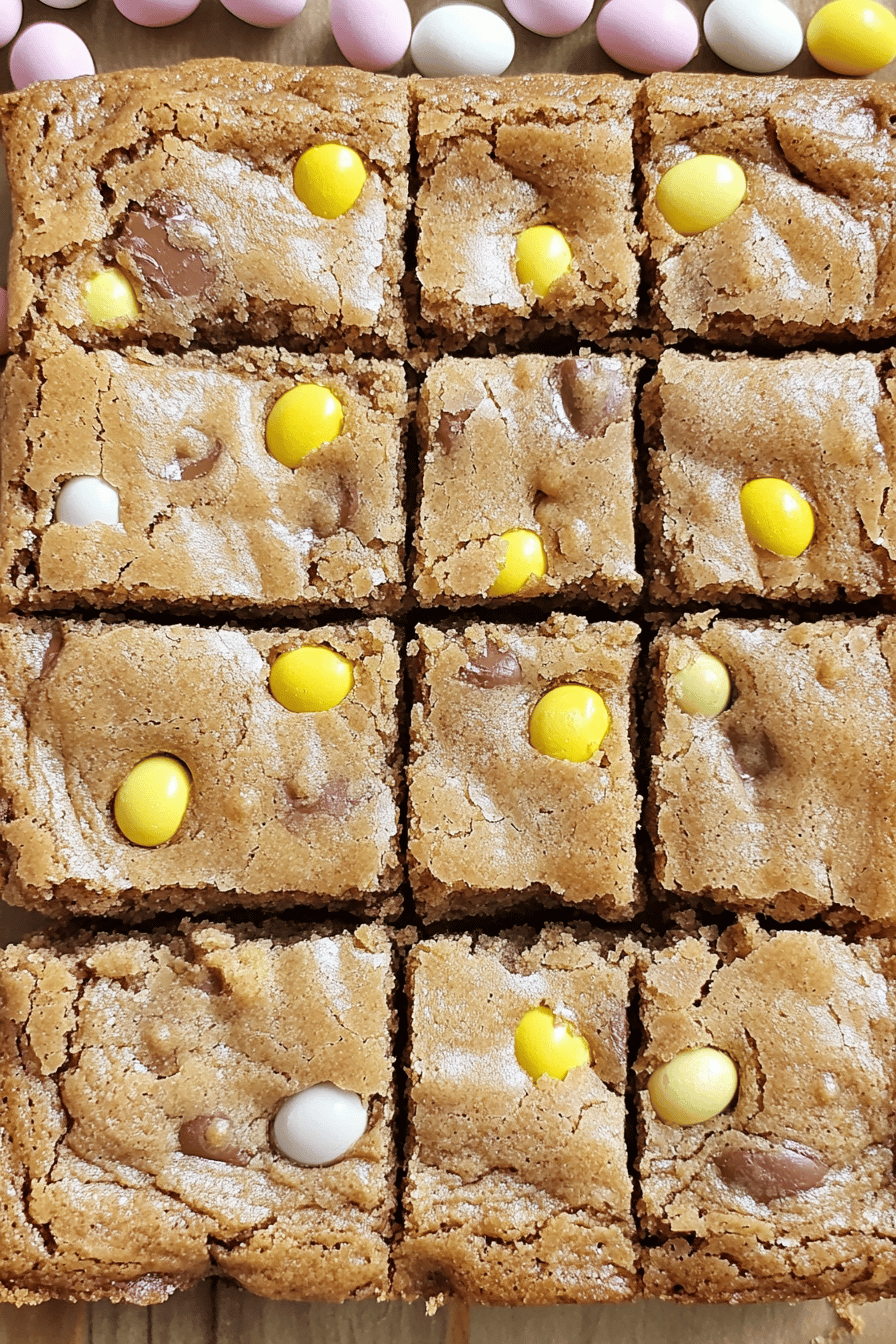 Cadbury Mini Egg Blondies slice on plate showing perfect texture and swirl pattern