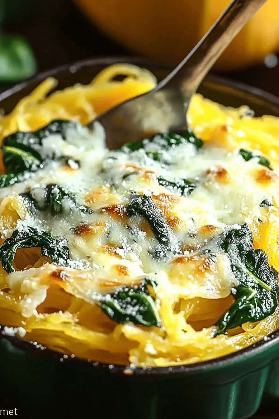 Cheesy Garlic Spinach Spaghetti Squash slice on plate showing perfect texture and swirl pattern