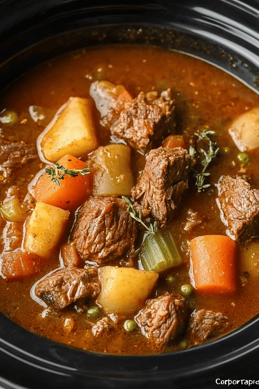 Crock Pot Beef Stew Recipe ingredients organized and measured on kitchen counter