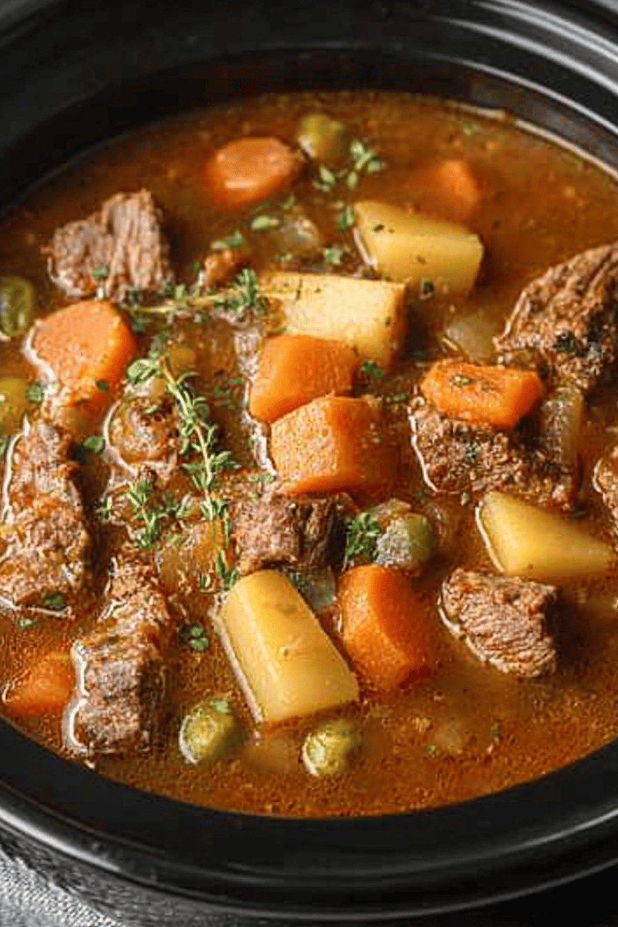 Crock Pot Beef Stew Recipe slice on plate showing perfect texture and swirl pattern