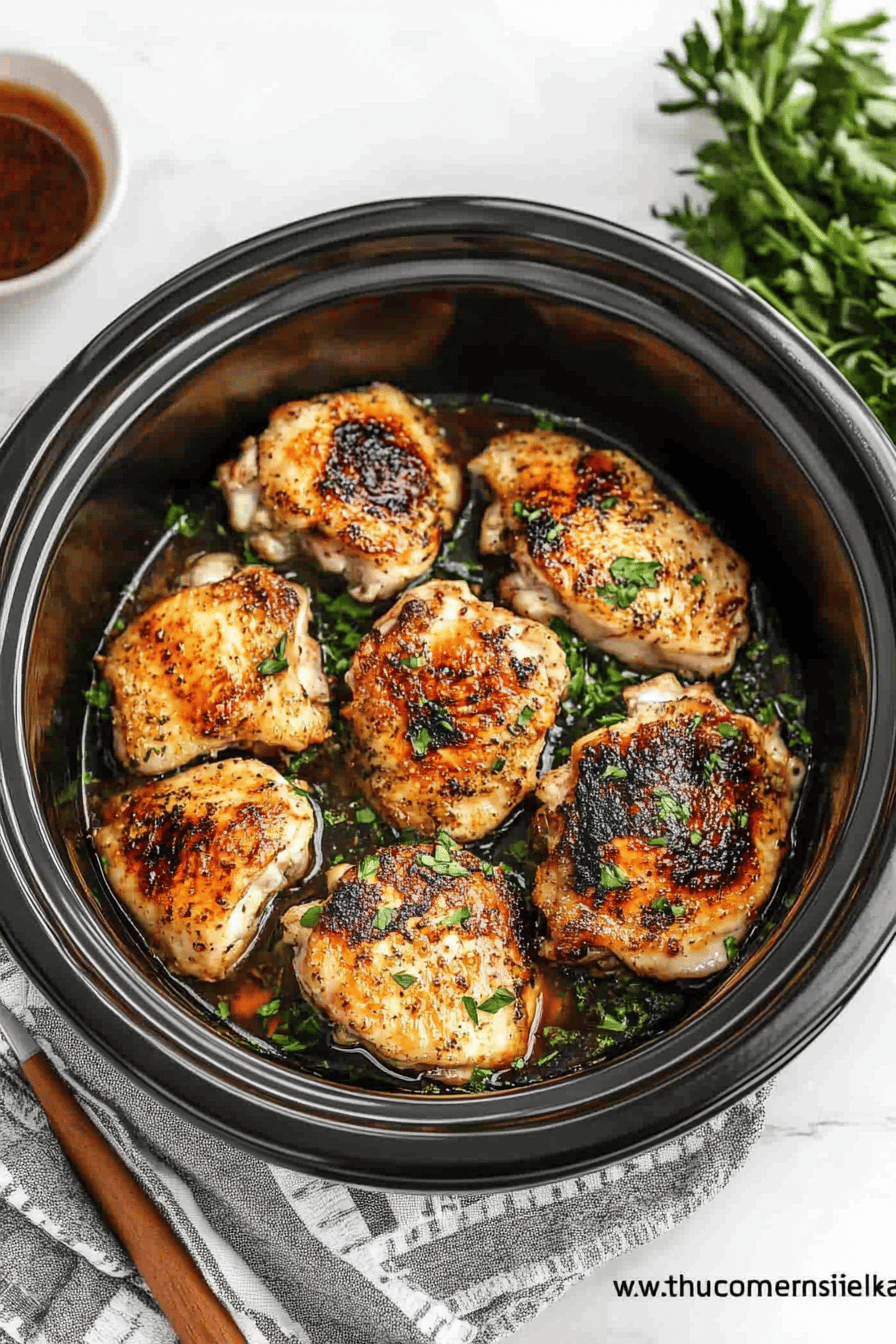 Crock Pot Chicken Thighs ingredients organized and measured on kitchen counter