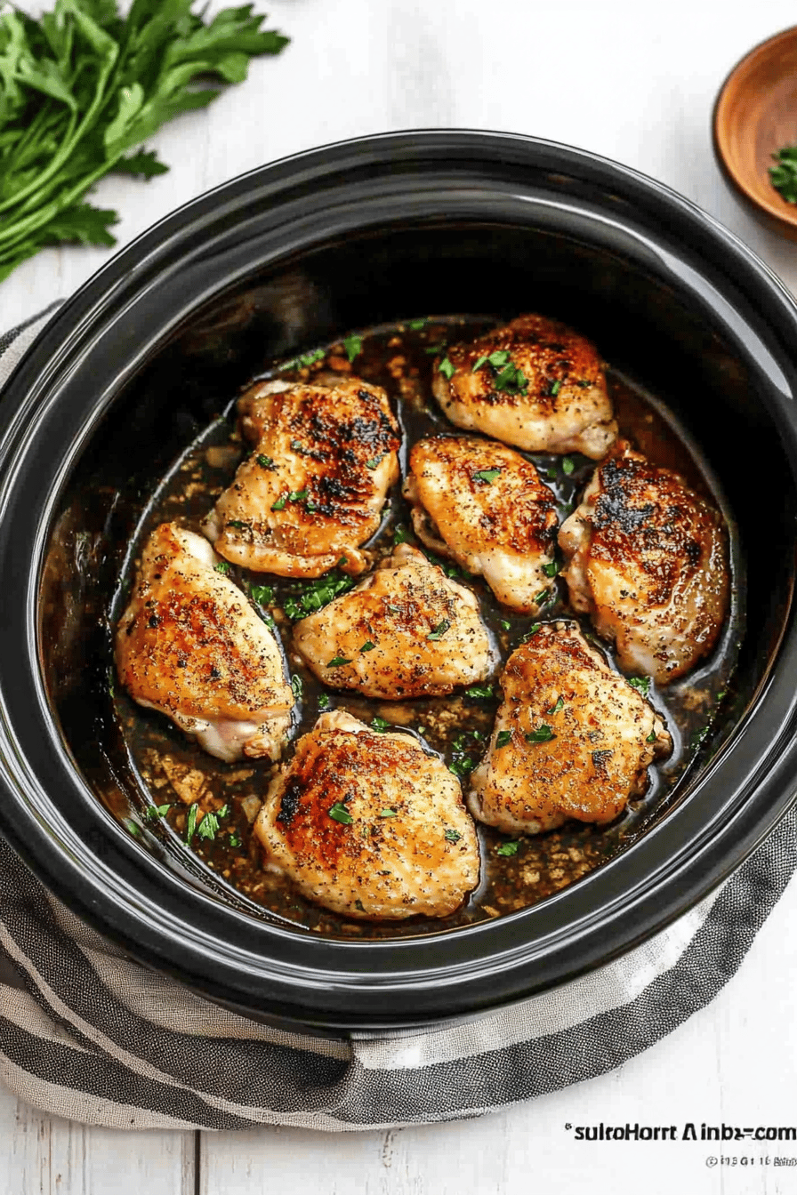 Crock Pot Chicken Thighs final dish beautifully presented and ready to serve