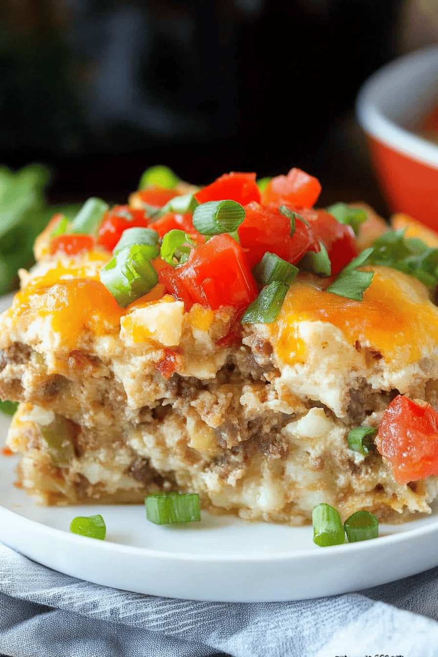 Crockpot Breakfast Casserole slice on plate showing perfect texture and swirl pattern