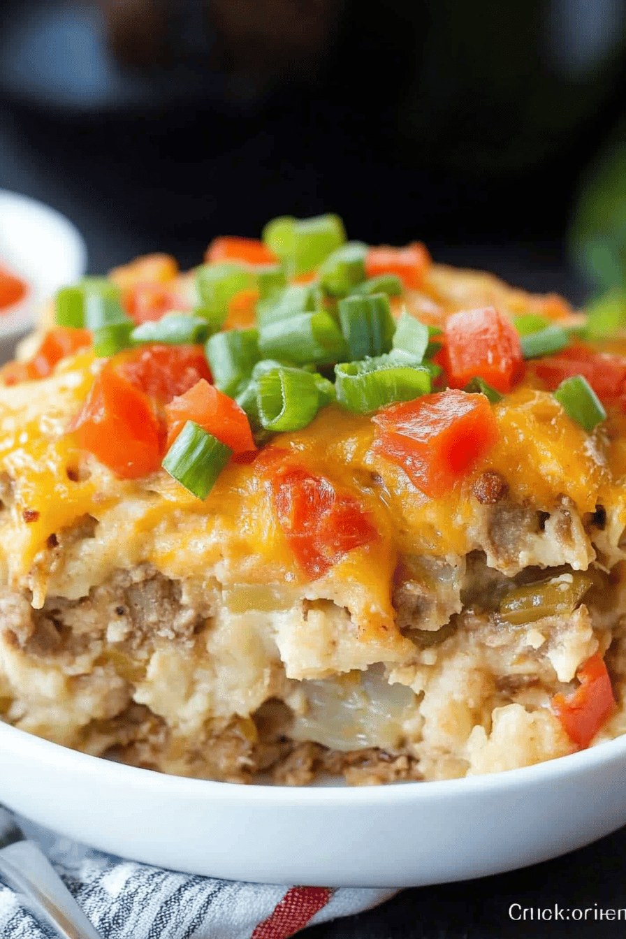 Crockpot Breakfast Casserole final dish beautifully presented and ready to serve