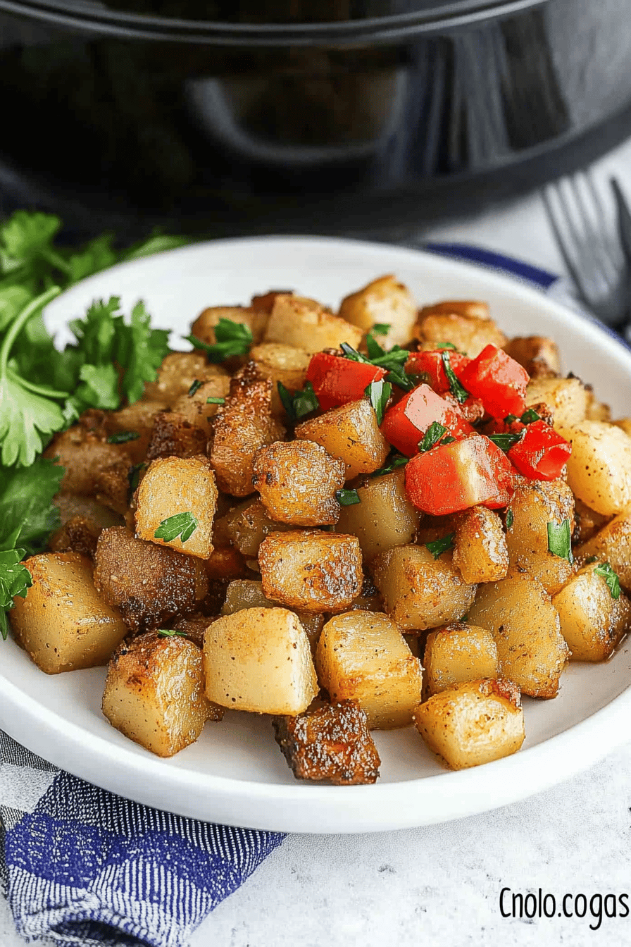 Crockpot Breakfast Potatoes slice on plate showing perfect texture and swirl pattern
