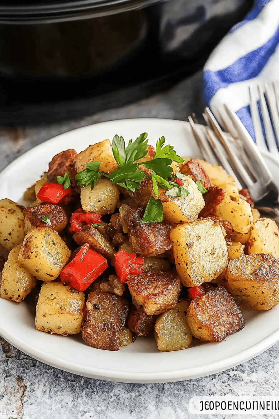 Crockpot Breakfast Potatoes final dish beautifully presented and ready to serve