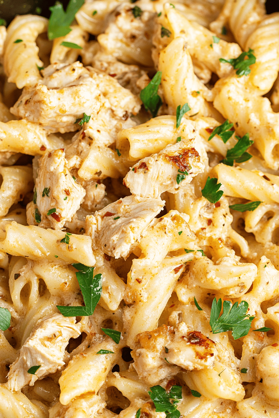 Crockpot Garlic Parmesan Chicken Pasta slice on plate showing perfect texture and swirl pattern