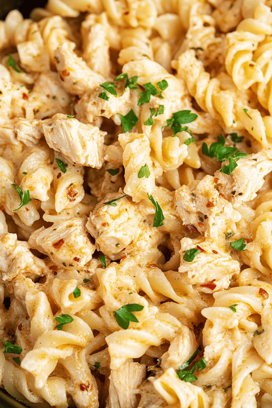 Crockpot Garlic Parmesan Chicken Pasta final dish beautifully presented and ready to serve
