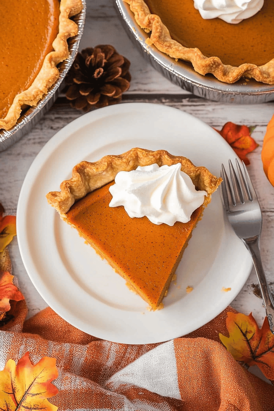Crockpot Pumpkin Pie slice on plate showing perfect texture and swirl pattern