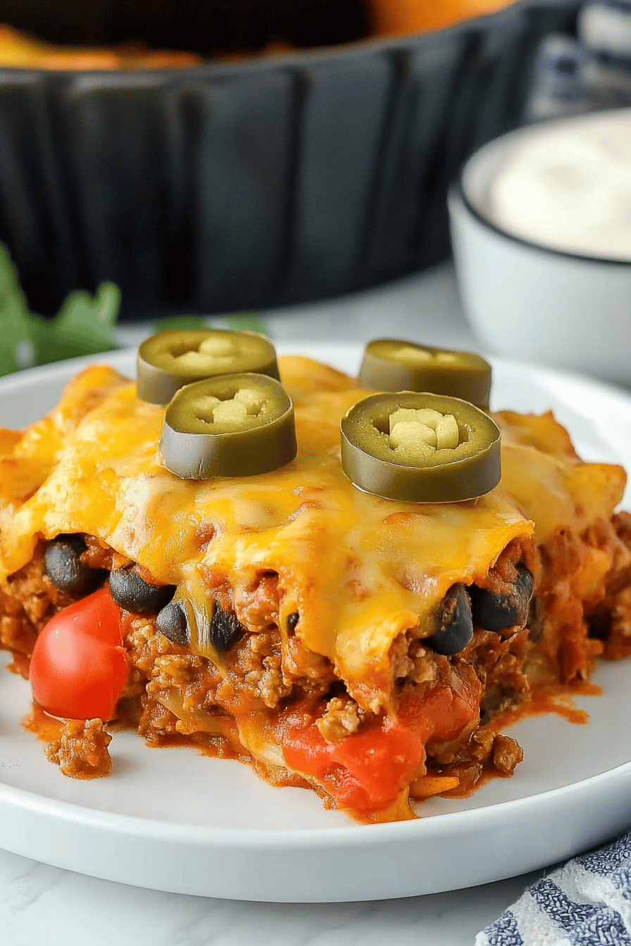 Enchilada Casserole Recipe slice on plate showing perfect texture and swirl pattern