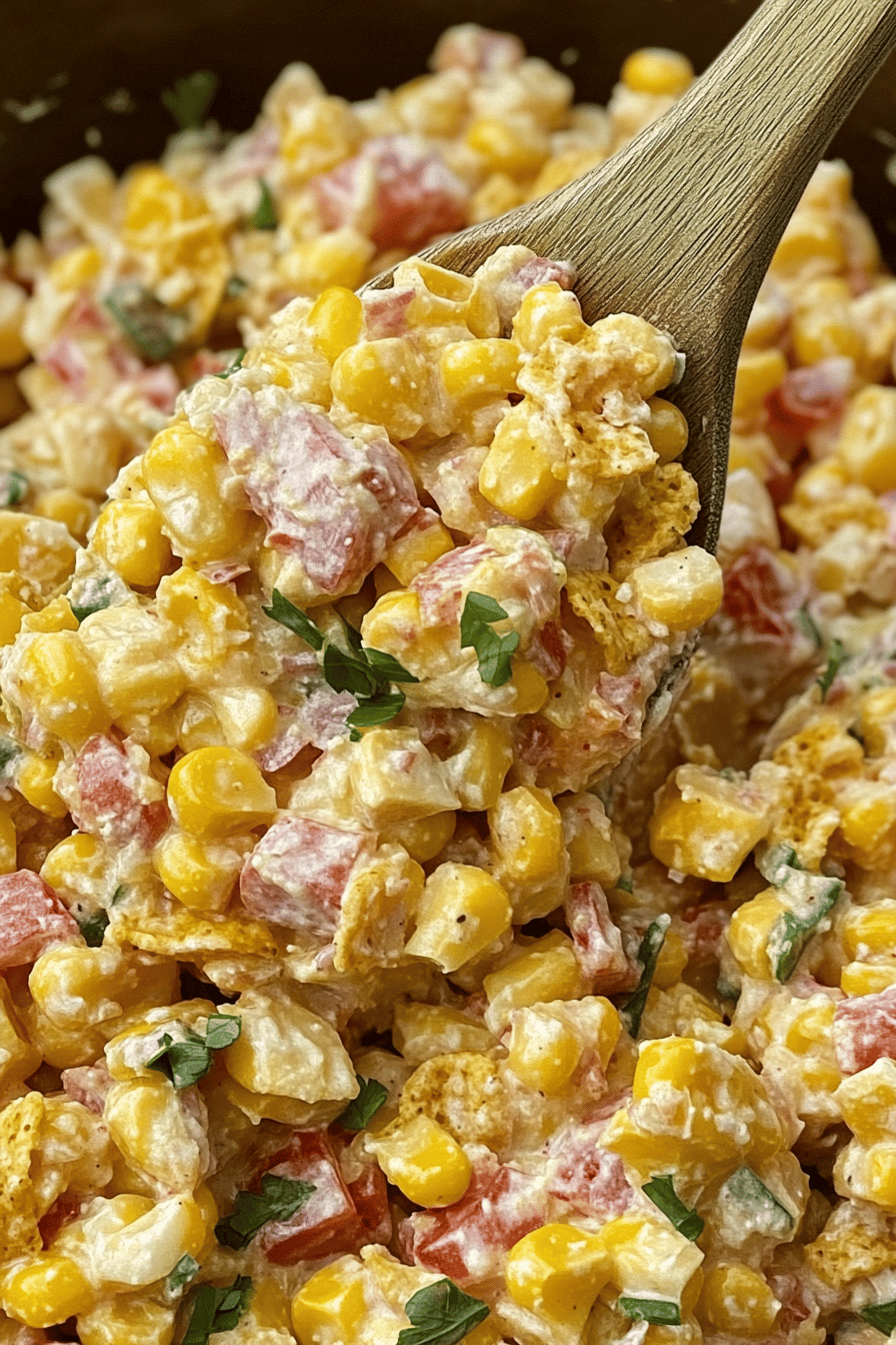 Fritos Corn Salad Recipe slice on plate showing perfect texture and swirl pattern