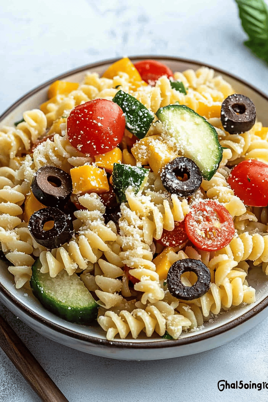 Greek Pasta Salad ingredients organized and measured on kitchen counter