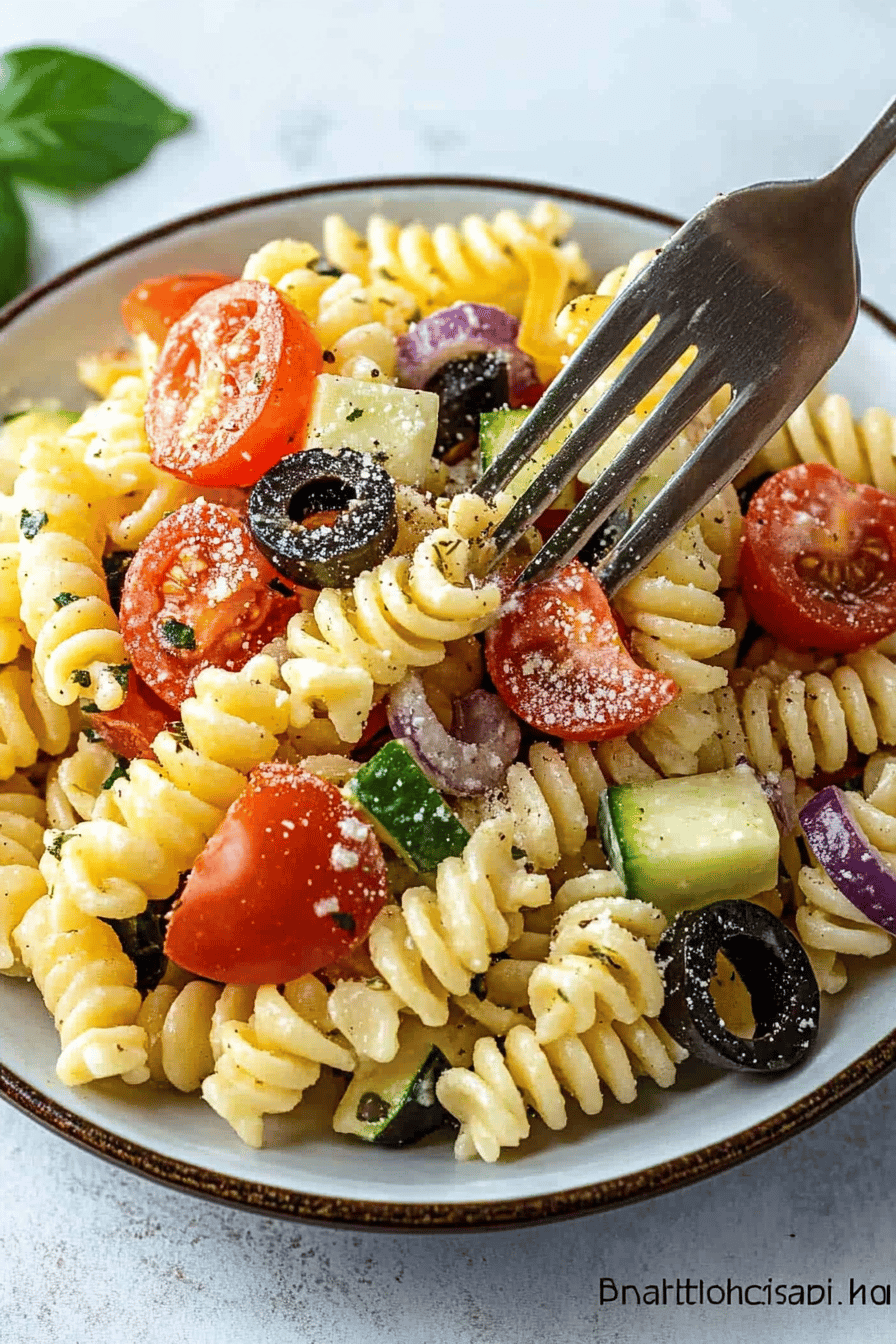 Greek Pasta Salad slice on plate showing perfect texture and swirl pattern