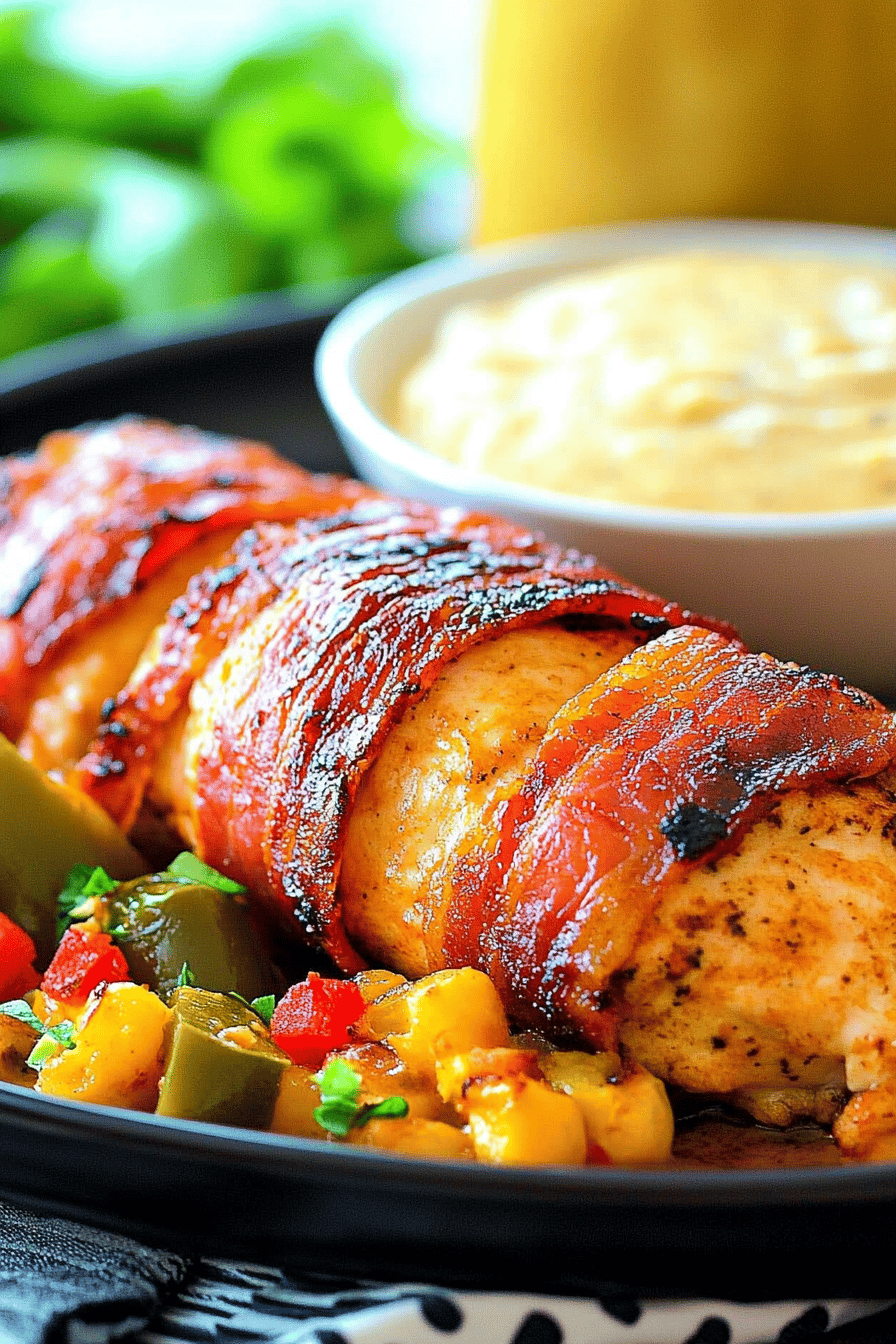 Grilled Bacon-Wrapped Jalapeño Popper Chicken slice on plate showing perfect texture and swirl pattern
