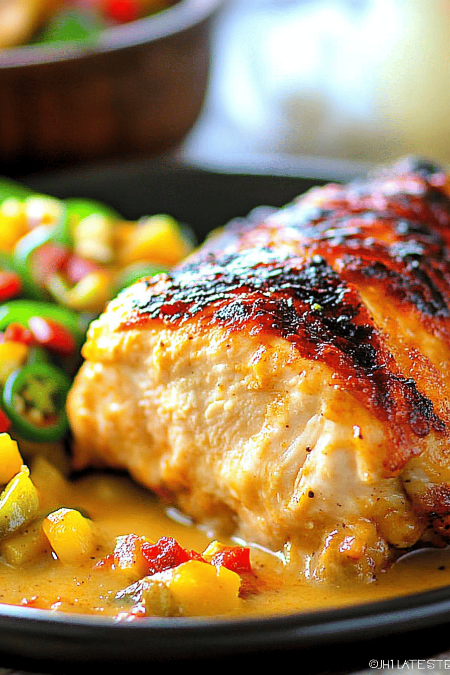 Grilled Jalapeno Popper Chicken slice on plate showing perfect texture and swirl pattern