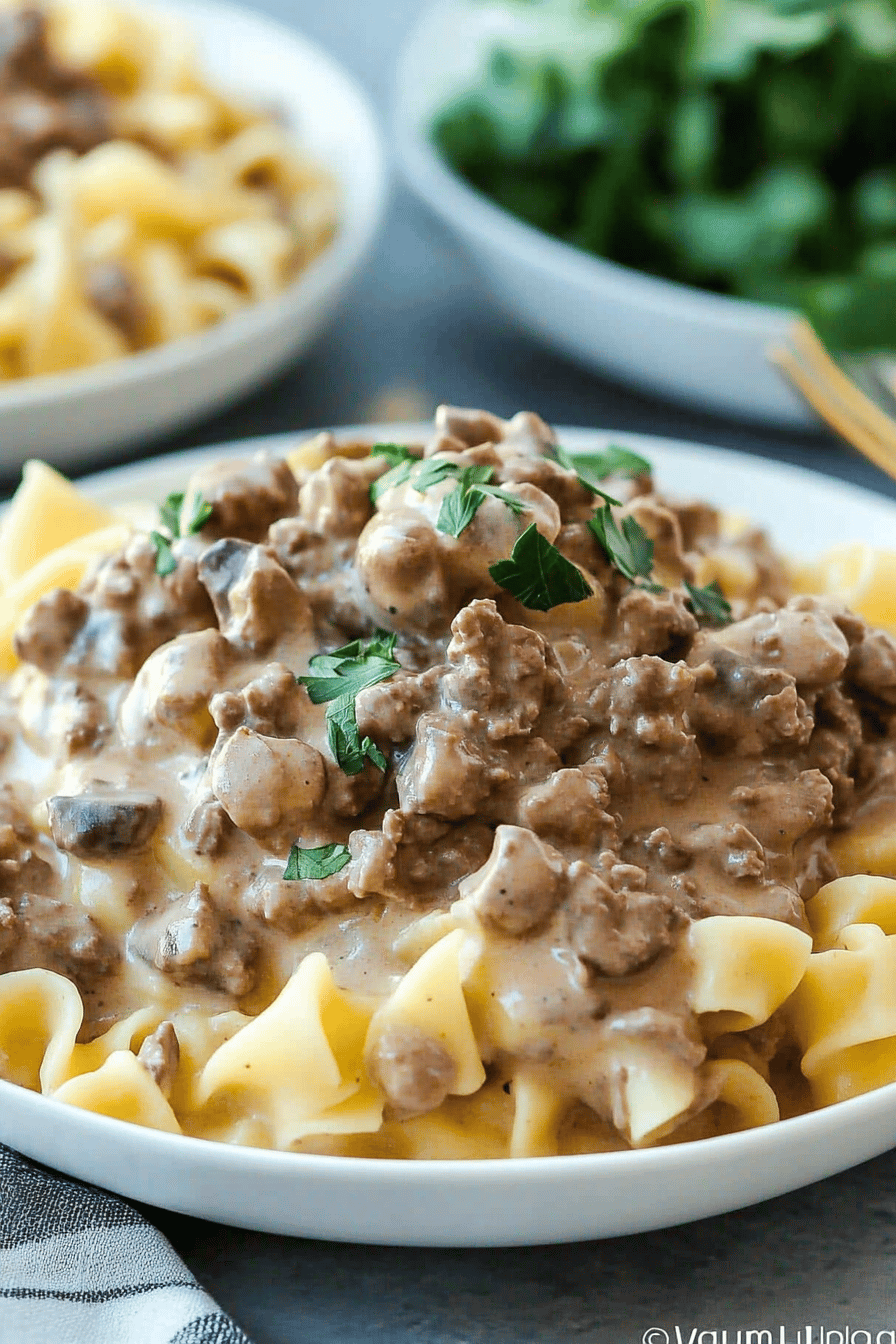 Ground Beef Stroganoff slice on plate showing perfect texture and swirl pattern