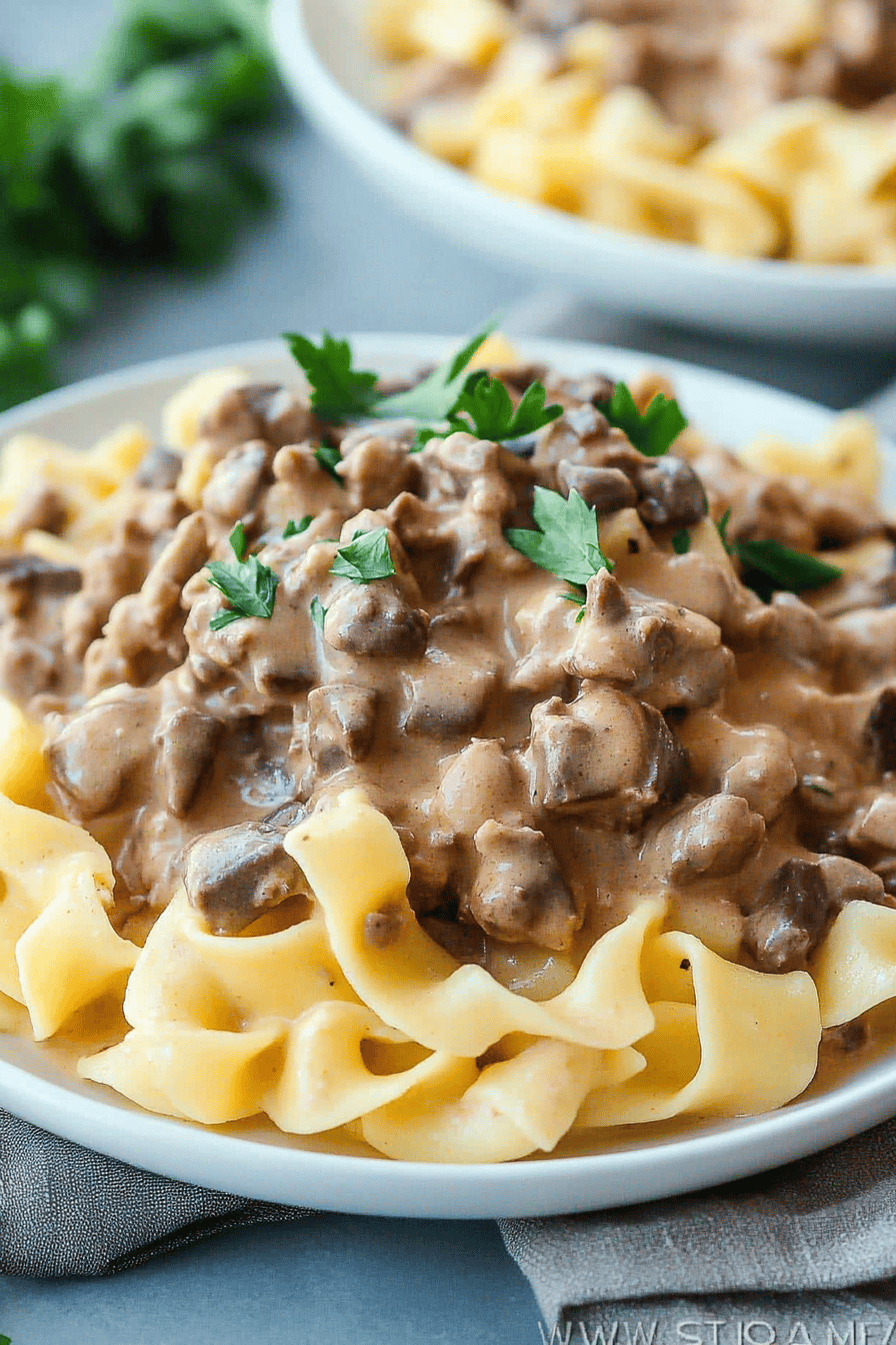 Ground Beef Stroganoff final dish beautifully presented and ready to serve
