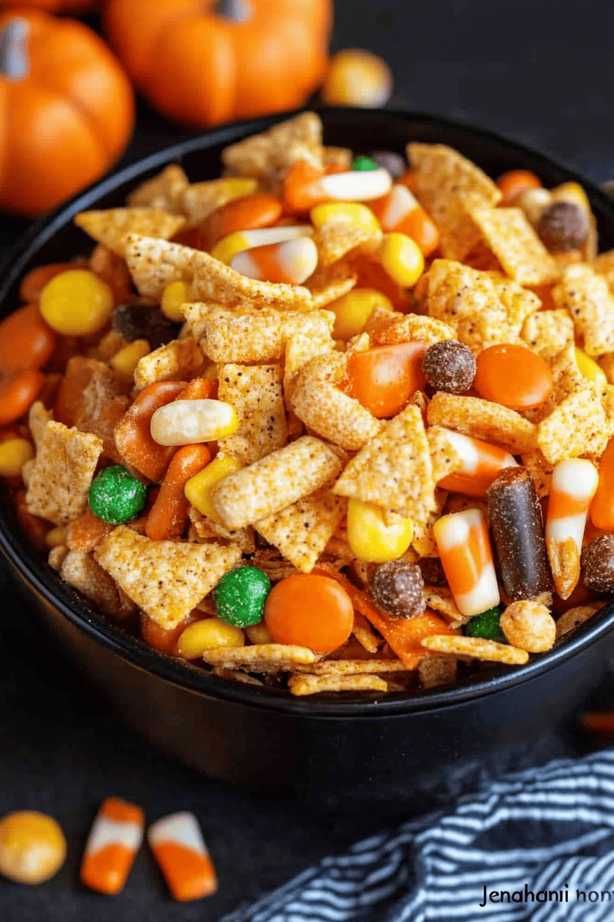 Halloween Snack Mix ingredients organized and measured on kitchen counter