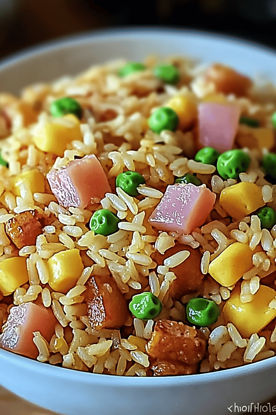 Hawaiian Fried Rice slice on plate showing perfect texture and swirl pattern