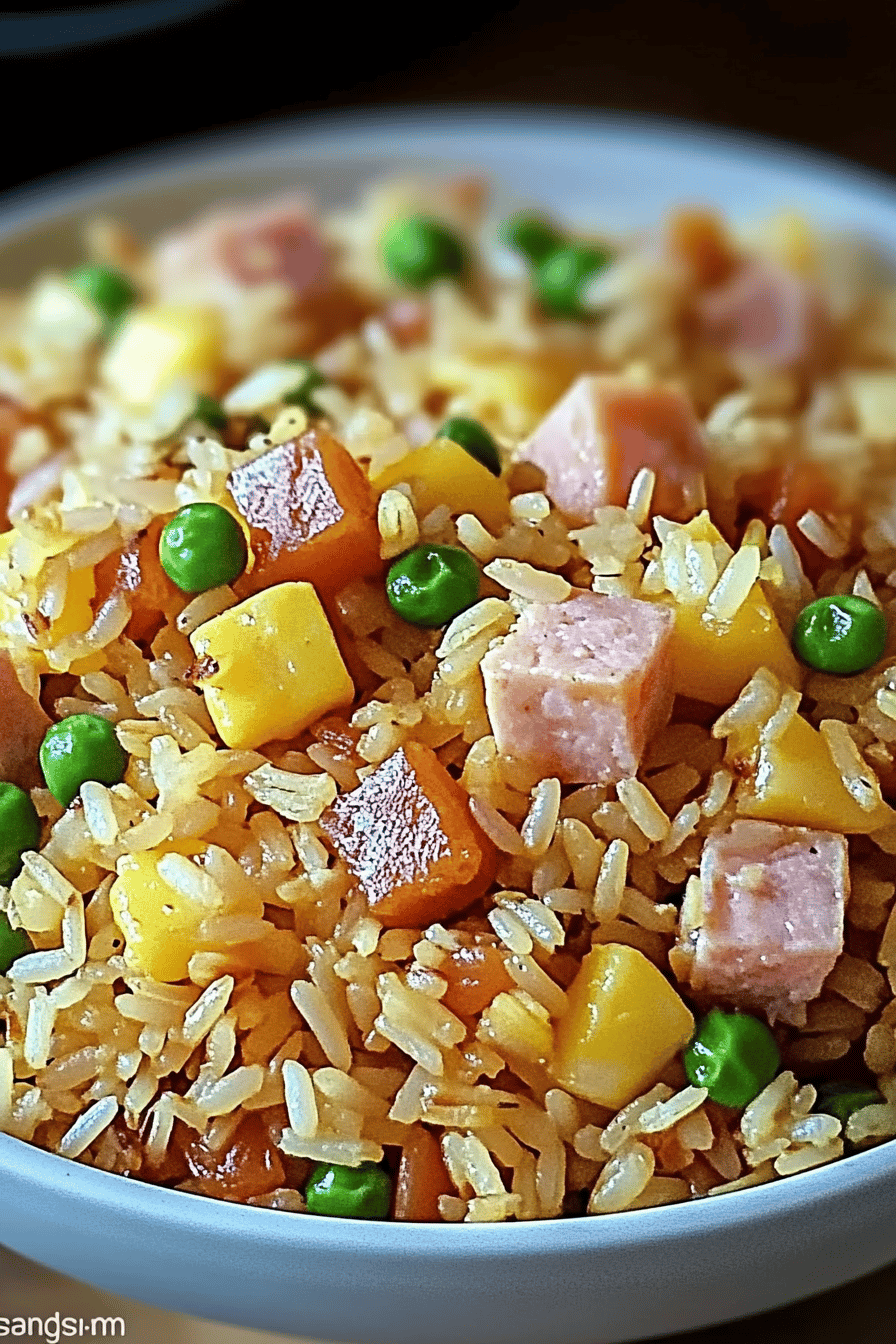 Hawaiian Fried Rice slice on plate showing perfect texture and swirl pattern