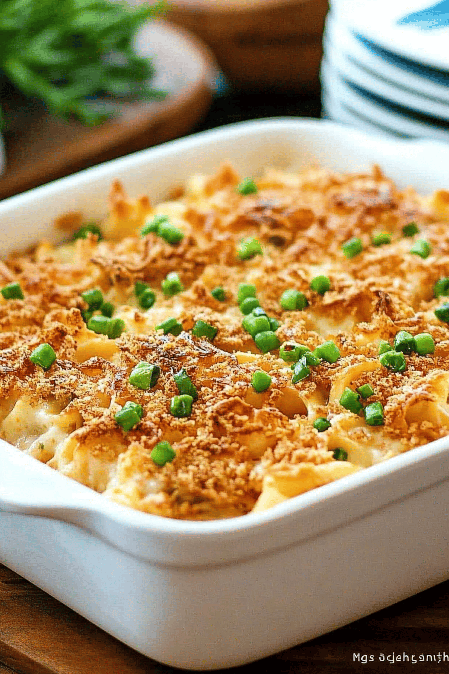 Homemade Tuna Noodle Casserole slice on plate showing perfect texture and swirl pattern