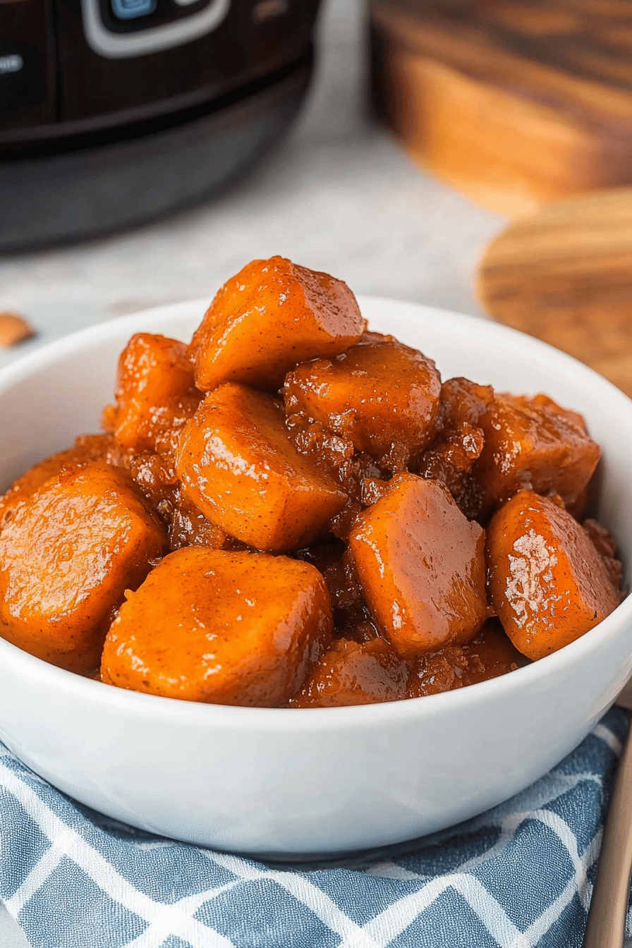 Instant Pot Candied Yams slice on plate showing perfect texture and swirl pattern