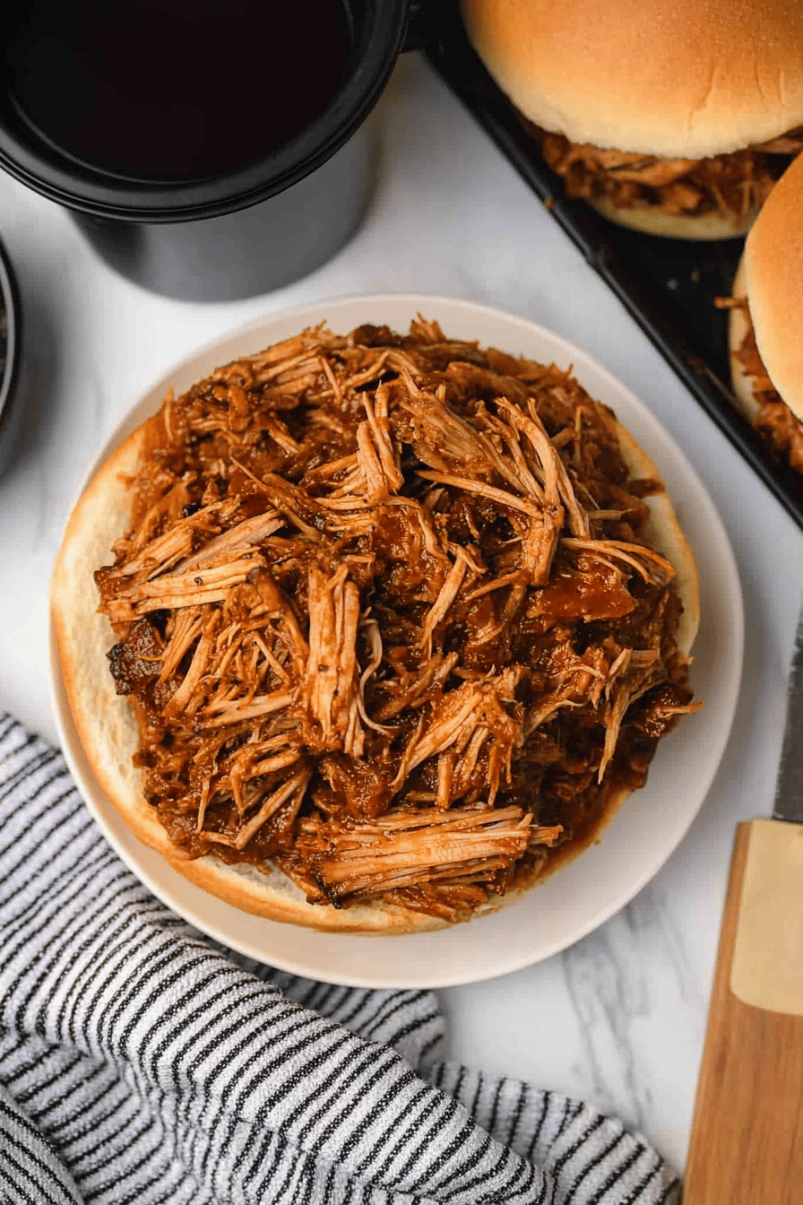 Instant Pot Pulled Pork Sandwiches slice on plate showing perfect texture and swirl pattern