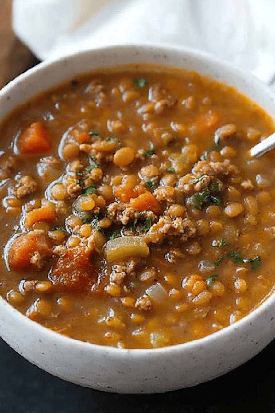 Lentil Sausage Soup slice on plate showing perfect texture and swirl pattern
