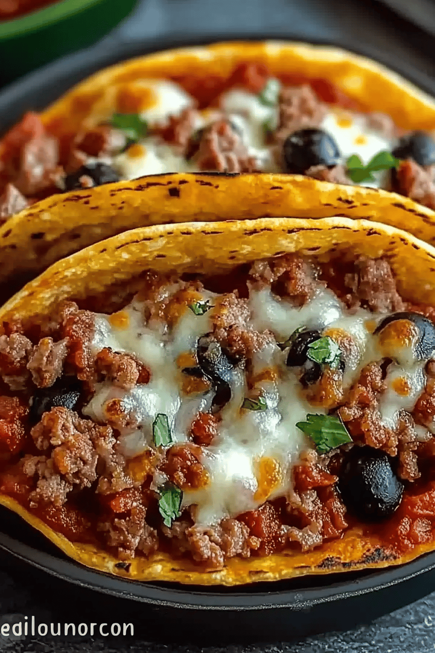 Meat Lovers Pizza Tacos final dish beautifully presented and ready to serve