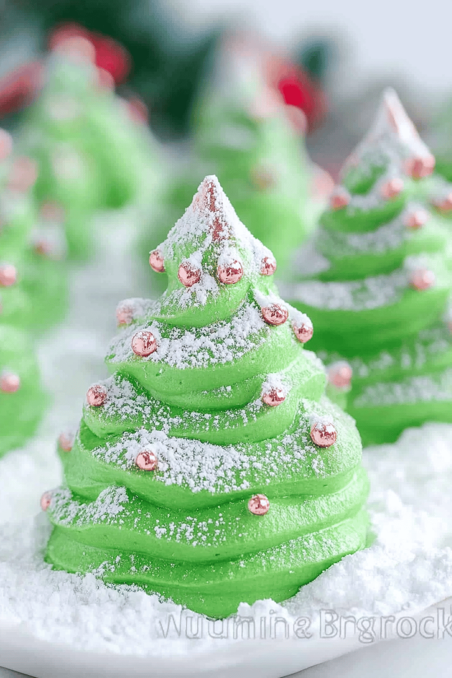 Meringue Christmas Trees slice on plate showing perfect texture and swirl pattern