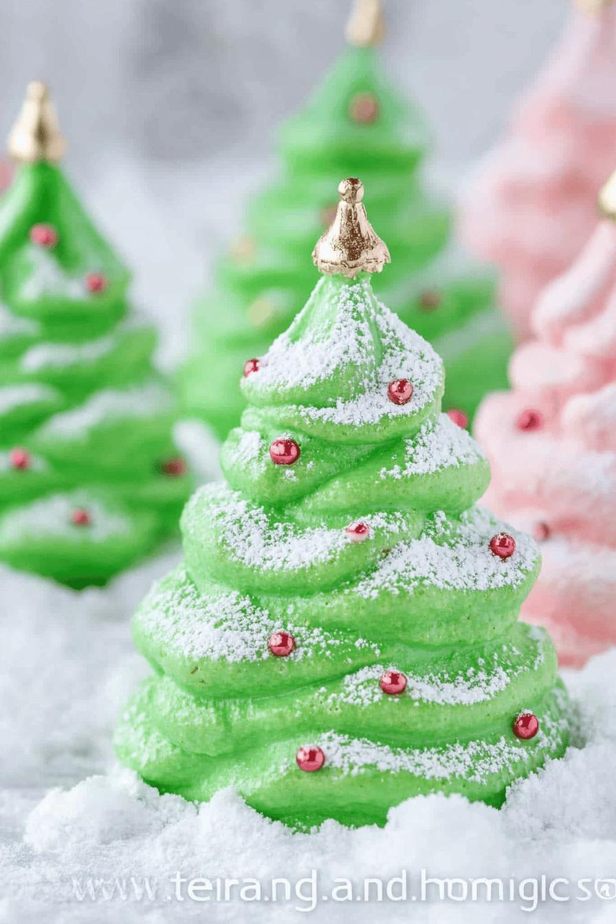 Meringue Christmas Trees final dish beautifully presented and ready to serve