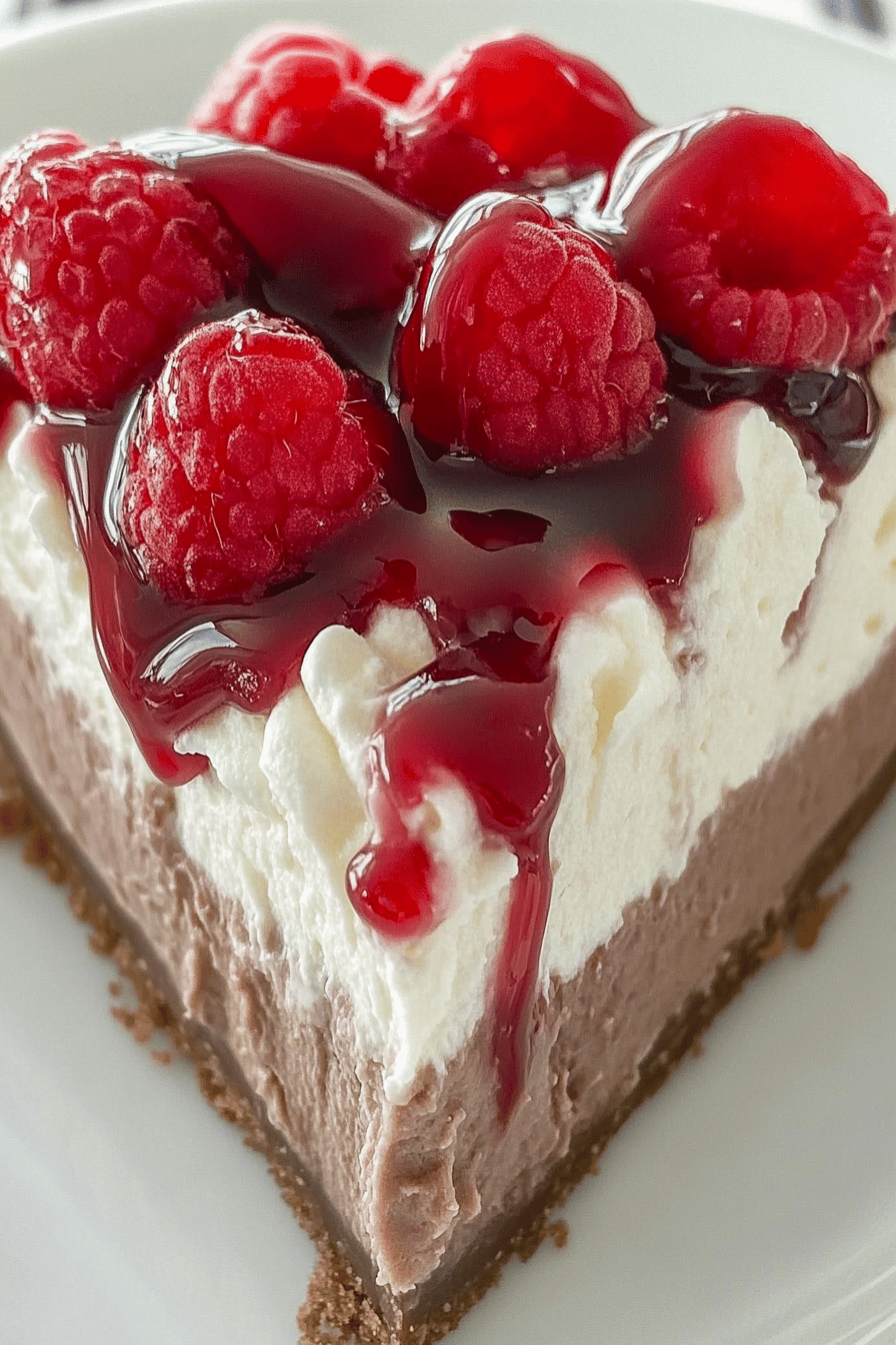 No-Bake Black Forest Cheesecake Pie slice on plate showing perfect texture and swirl pattern