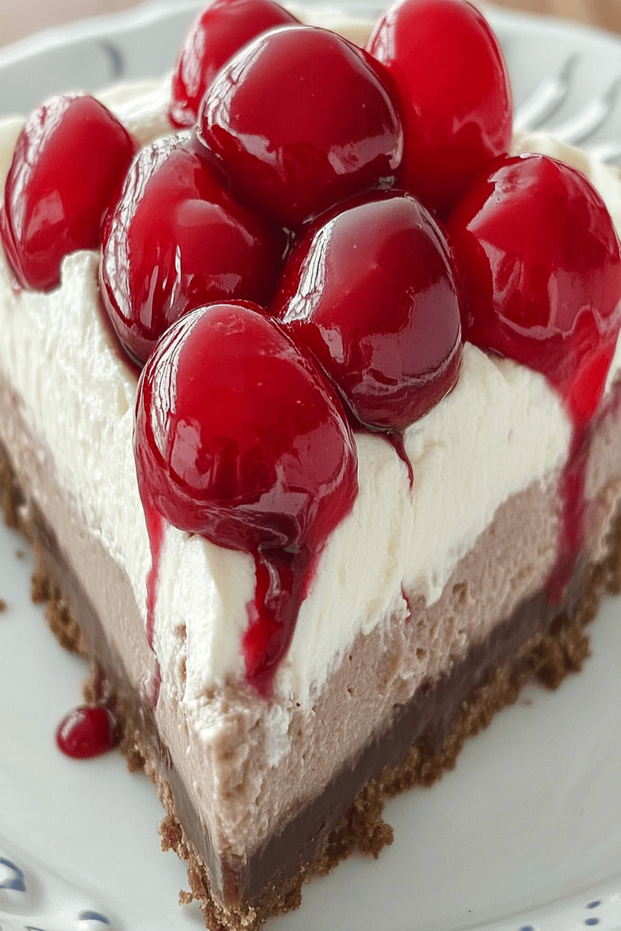 No-Bake Black Forest Cheesecake Pie final dish beautifully presented and ready to serve
