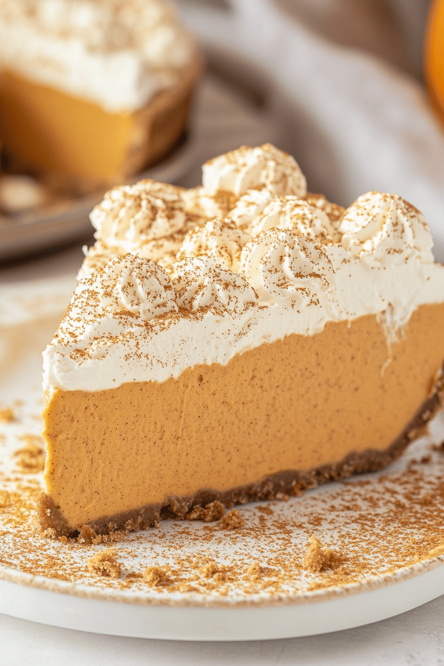 No-Bake Marshmallow Pumpkin Pie slice on plate showing perfect texture and swirl pattern
