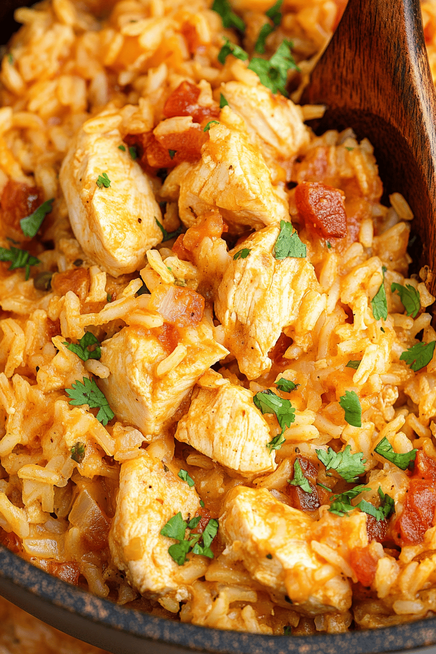 One-Pot Queso Chicken and Rice slice on plate showing perfect texture and swirl pattern