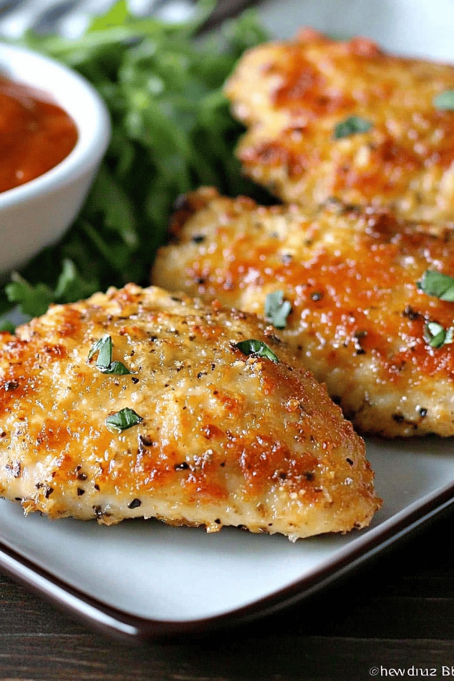 Oven-Fried Parmesan Chicken slice on plate showing perfect texture and swirl pattern