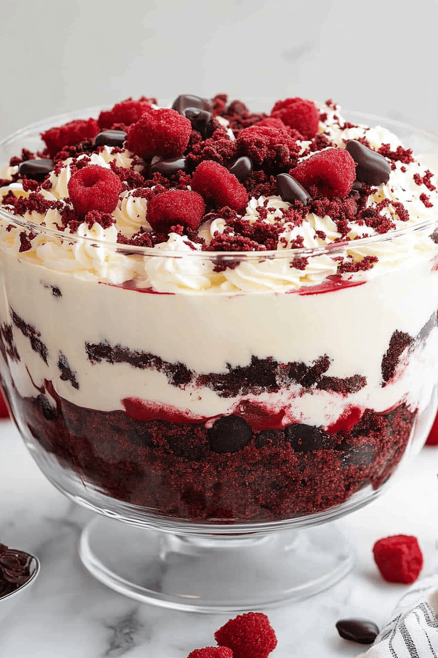 Red Velvet Trifle Recipe final dish beautifully presented and ready to serve