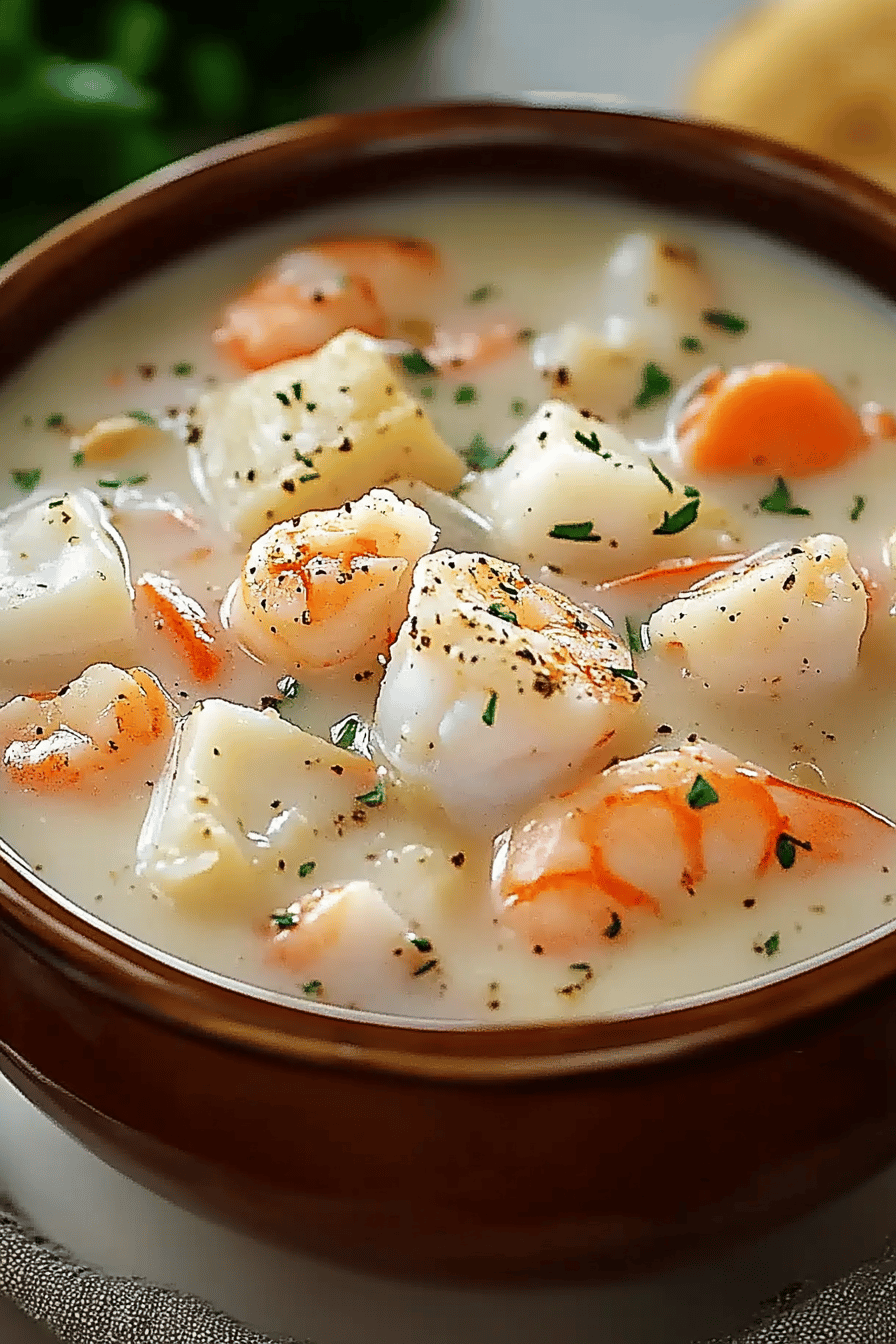 Seafood Chowder Recipe slice on plate showing perfect texture and swirl pattern