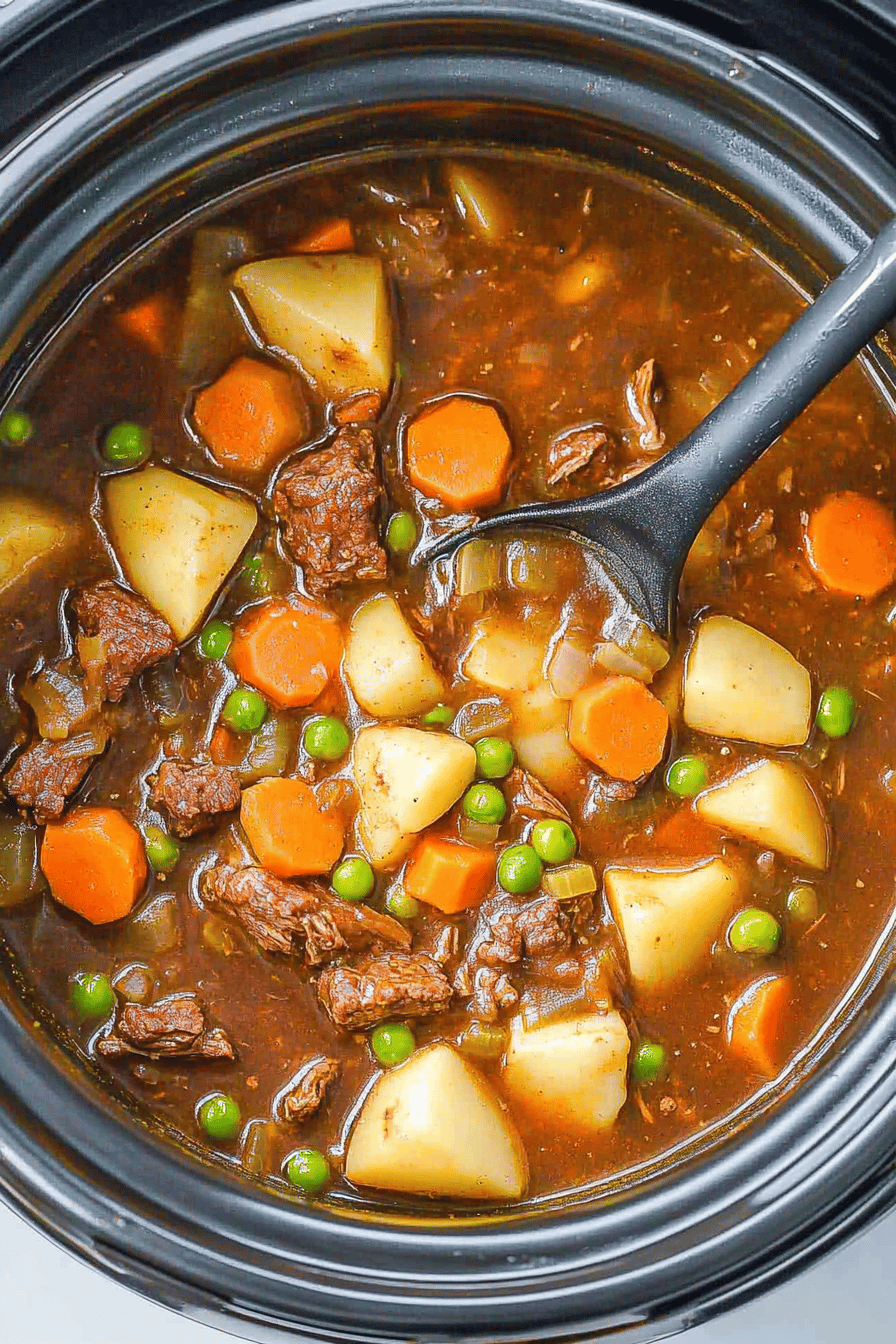 Slow Cooker Beef Stew slice on plate showing perfect texture and swirl pattern