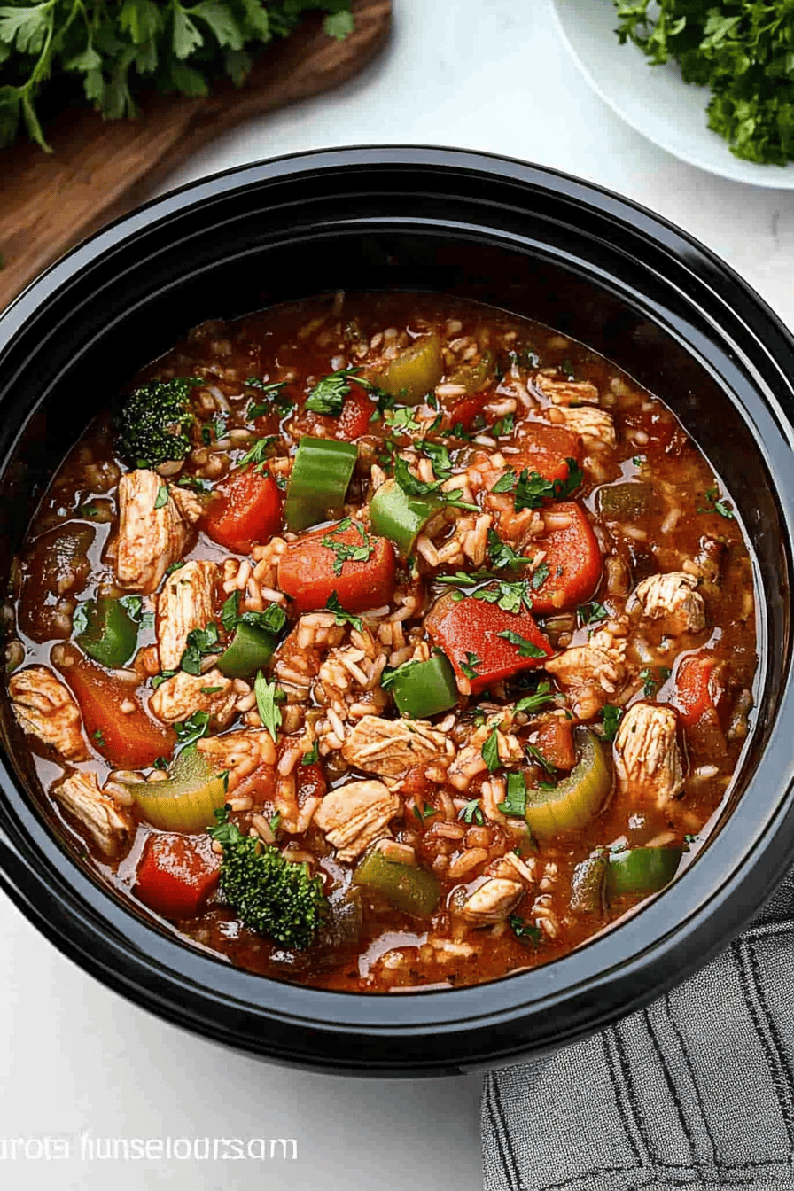 Slow Cooker Chicken Jambalaya final dish beautifully presented and ready to serve
