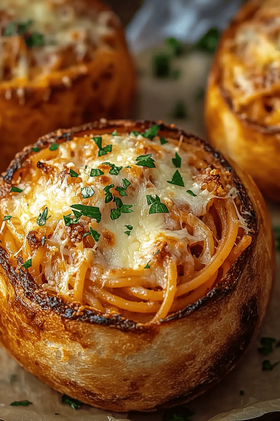 Spaghetti Garlic Bread Bowls slice on plate showing perfect texture and swirl pattern