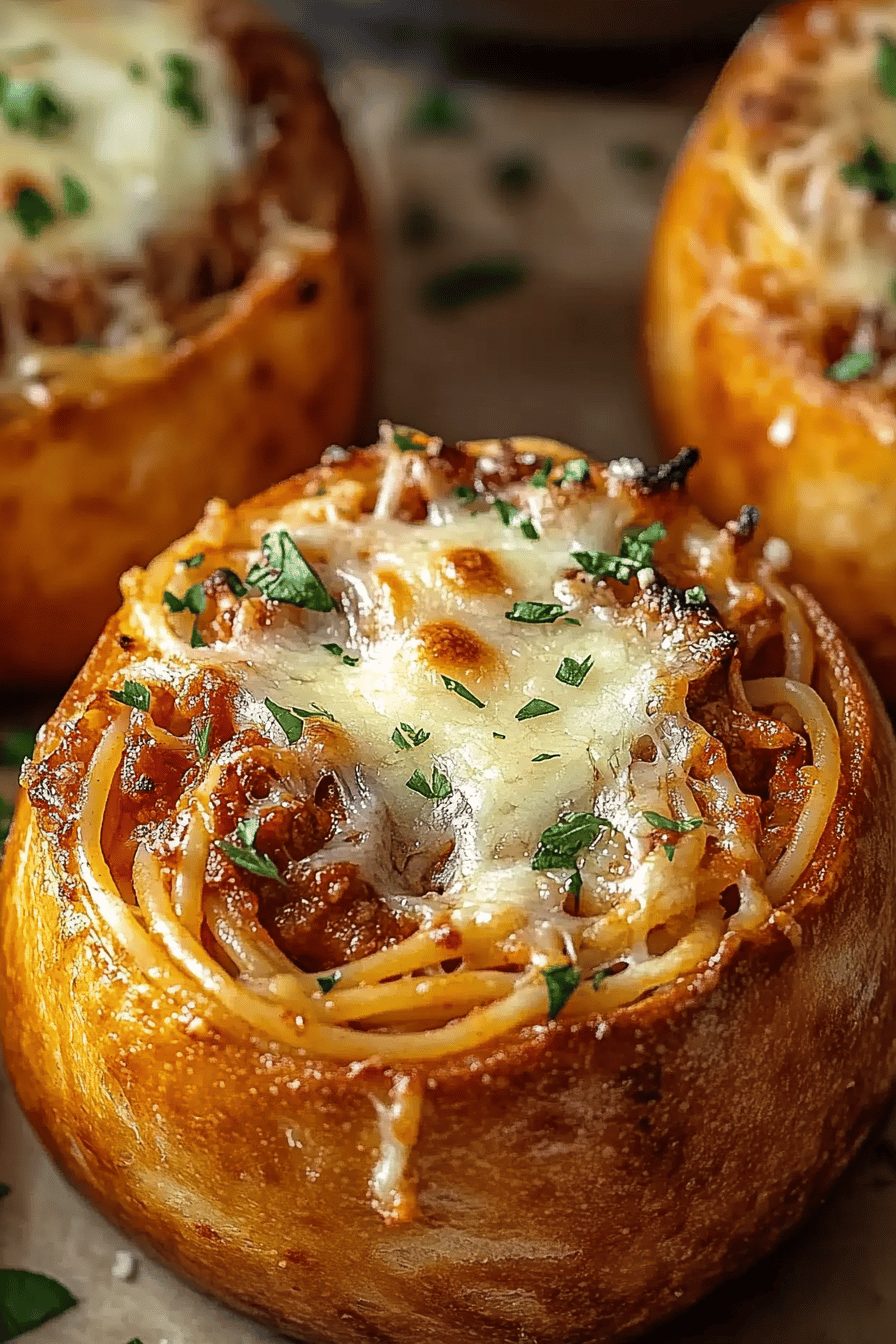 Spaghetti Garlic Bread Bowls final dish beautifully presented and ready to serve