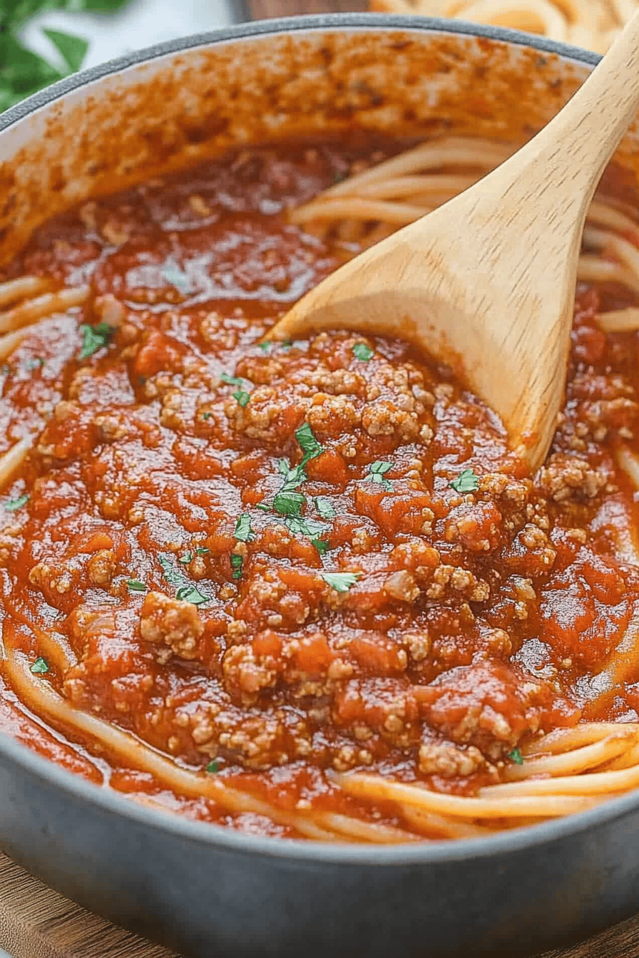 Spaghetti Meat Sauce slice on plate showing perfect texture and swirl pattern