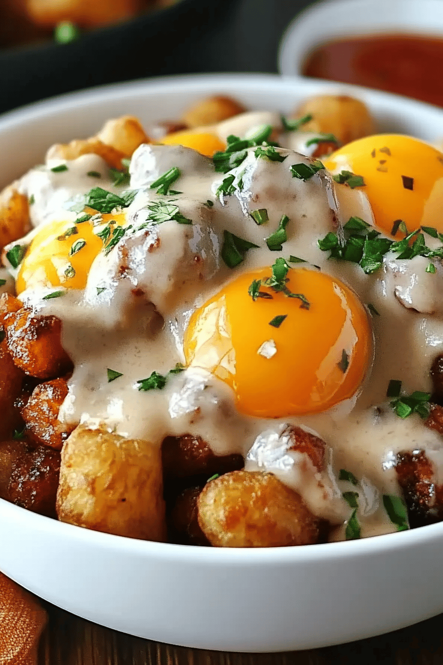 Tater Tot Breakfast Bowl final dish beautifully presented and ready to serve