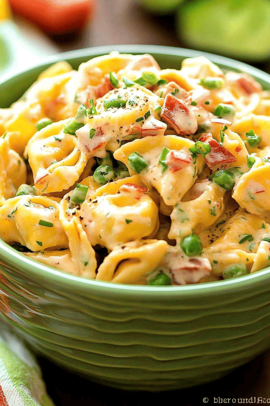 Tortellini Salad Recipe slice on plate showing perfect texture and swirl pattern