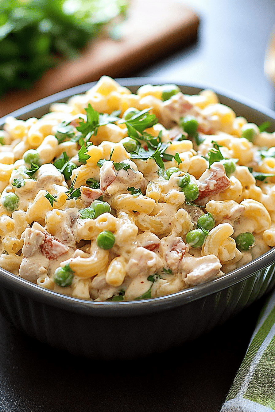 Tuna Macaroni Salad Recipe slice on plate showing perfect texture and swirl pattern